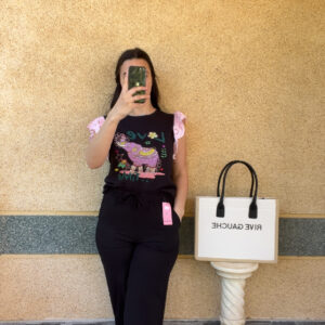 T-shirt volant rose/noir Amaya