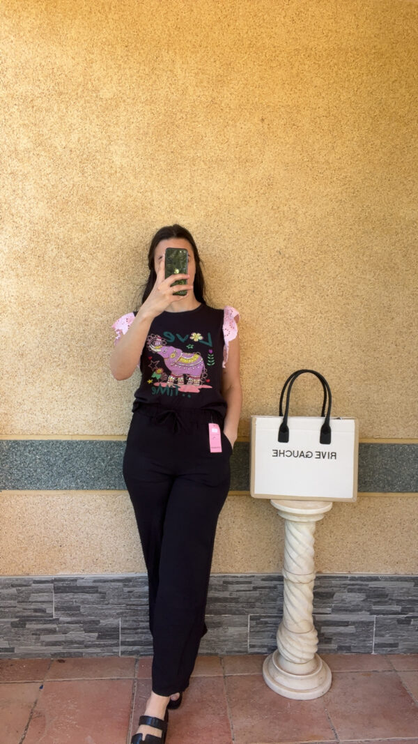 T-shirt volant rose/noir Amaya